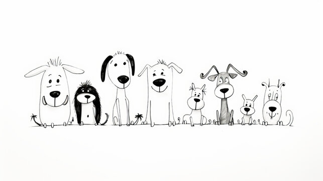 Happy dogs minimalistic kids drawing, ink line art style in black on white