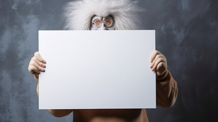People disguised in troll holding an empty blank board between hands - obrazy, fototapety, plakaty