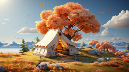 Tent in a field next to some beautiful small tree , Three-dimensional illustration with isometric view