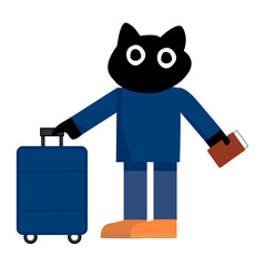 Tourist. Concept of an active lifestyle, tourism. A black cat  with a large suitcase in airport. Vector illustration