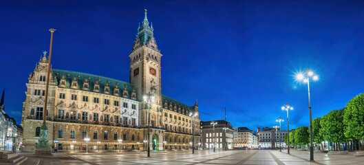 Hamburg Germany, panorama night city skyline at Rathaus City Hall Square