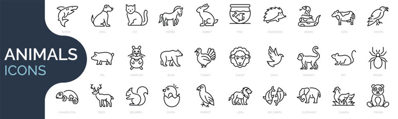Set of outline icons related to animals. Linear icon collection. Editable stroke. Vector illustration - obrazy, fototapety, plakaty
