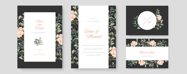 Watercolor vector set wedding invitation card template design with green leaves and flowers.
