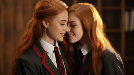 Two redhead students girls are kissing wearing english style uniform