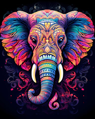 Illustration of a colorful elephant, artistic ornemental design in pop colors - Inspiring animals theme
