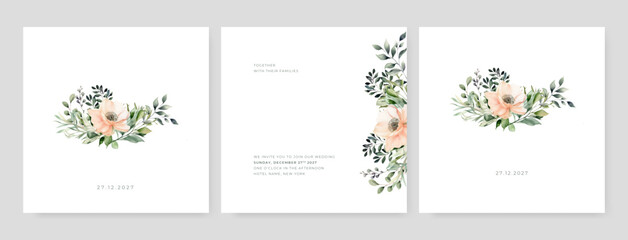 Luxury wedding invitation card template. Watercolor card with gold line art, leaves branches, foliage. Elegant autumn botanical vector design suitable