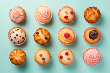 Top view of the delicious biscuit muffins. Assortment of simple cupcakes without cream isolated on a pastel light flat blue background with copy space. Generative AI.