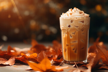 Pumpkin cream cold brew latte autumn leaves commercial light - Powered by Adobe
