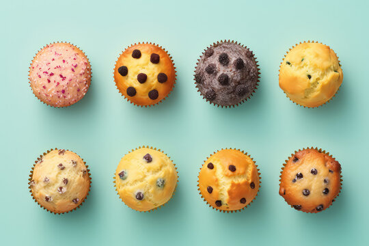 Top view of the delicious biscuit muffins. Assortment of simple cupcakes without cream isolated on a pastel light flat blue background with copy space. Generative AI.