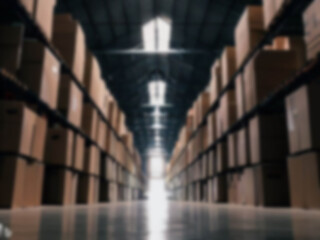 Blurred  A warehouse where the goods are packed in a large number of brown cardboard boxes.
