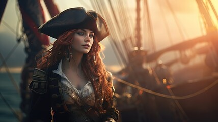 brave woman pirate captain of naval fleet, fantasy portrait, Generative Ai