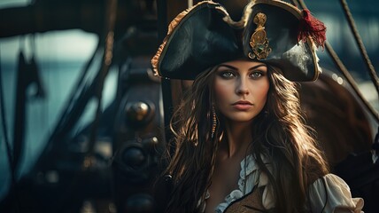 brave woman pirate captain of naval fleet, fantasy portrait, Generative Ai