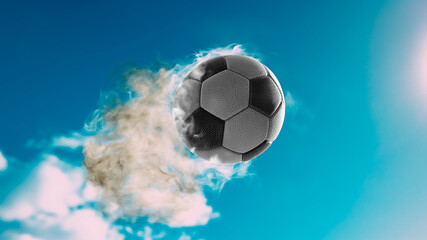 Soccer ball propels forward with dust trailing behind at blue sky, Generative AI