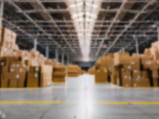 Blurred  A warehouse where the goods are packed in a large number of brown cardboard boxes.