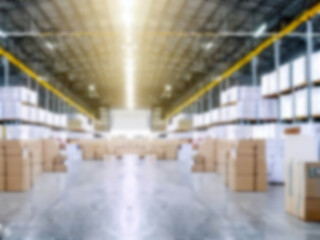 Blurred  A warehouse where the goods are packed in a large number of brown cardboard boxes.