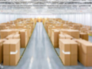 Blurred  A warehouse where the goods are packed in a large number of brown cardboard boxes.