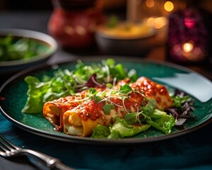 Cannelloni al Forno with a side of salad on a vibrant ceramic plate