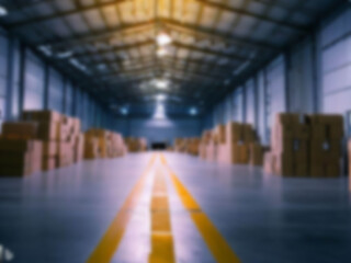 Blurred  A warehouse where the goods are packed in a large number of brown cardboard boxes.