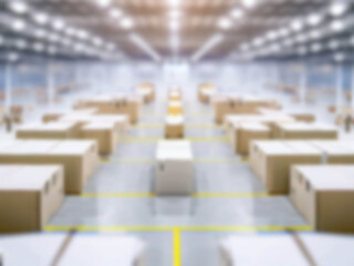 Blurred  A warehouse where the goods are packed in a large number of brown cardboard boxes.