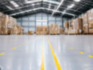 Blurred  A warehouse where the goods are packed in a large number of brown cardboard boxes.