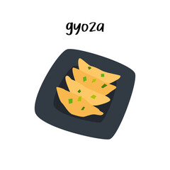 Japanese gyoza on black plate. Chinese jiaozi fried dumpling. Asian food in flat detailed style.
