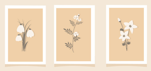 Gallery wall art, set of 3 minimalist print with wildflowerss for bedroom, living room. Hand draw vector illustration in a trendy natural color. Contemporary art, isolated poster collage, social media