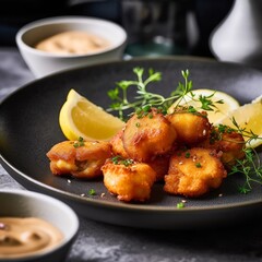 Salted Cod Fritters arranged on a white plate with garnishing
