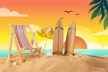 Small surfboards, sun lounger and umbrella on drawn sea beach