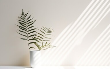 Tropical fern tree leaves in white ceramic vase on blurred white wall, sunlight and long shadow, Minimal abstract background for cosmetic, skincare, beauty product presentation display.