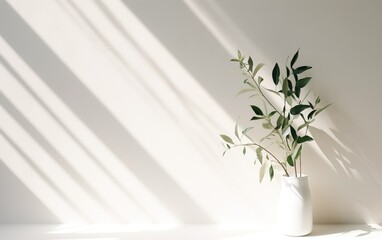 Green plant leaves in white ceramic vase on blurred white wall, sunlight and long shadow, Minimal abstract background for cosmetic, skincare, beauty product presentation display.