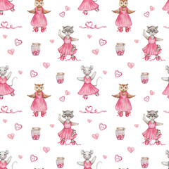 Watercolor seamless pattern. Hand painted illustration of cartoon raccoon, owl bird, mouse. Girls in dance studio in pink dress, ballet shoes. Animal character. Print on white background for textile