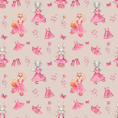 Watercolor seamless pattern. Hand painted illustration of mouse, fox, rabbit, hare. Girls in dance studio in pink dress, ballet shoes. Cartoon animal character. Print on beige background for textile