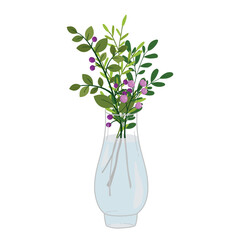 Hand drawn bouquet of flowers in a glass vase on a white background.