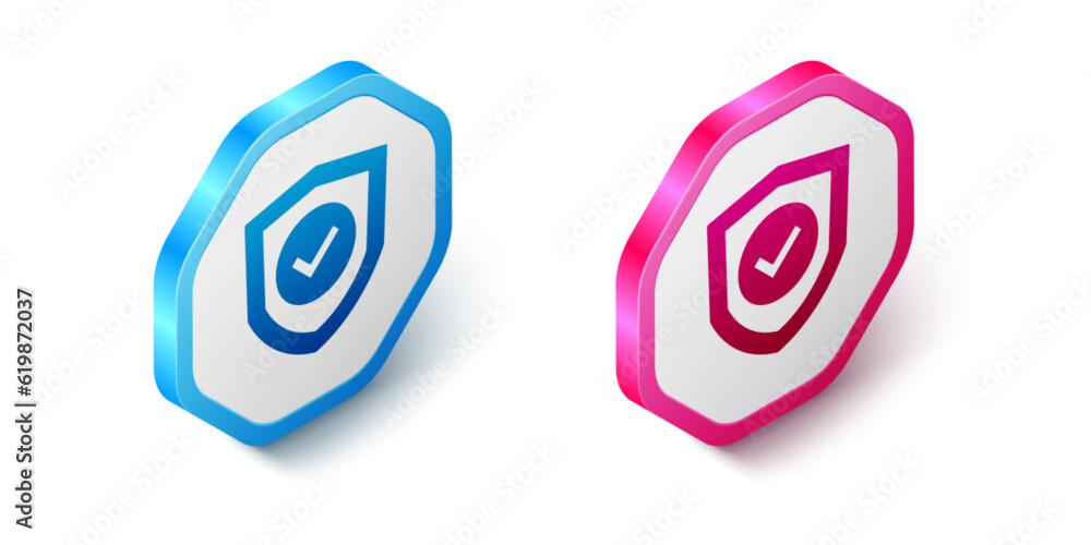Poster isometric shield with check mark icon isolated on white background. protection symbol. security chec