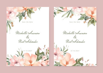 Floral wedding invitation card template design, gold watercolor decorated with magnolia lili floral flowers on white