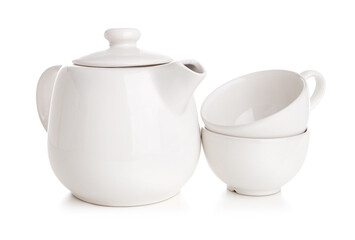 Ceramic teapot with cups on white background