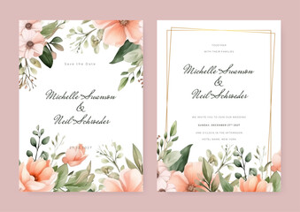 Design with leaf. Floral Trendy templates for banner, flyer, poster, greeting. Watercolor wedding with leaves and golden geometric frame.