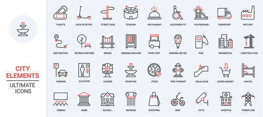 Public city building, infrastructure and facility trendy red black thin line icons set vector illustration. Skyscrapers, transport and commerce symbols in residential and recreation area, cityscape.