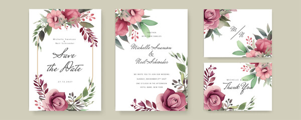 Fototapeta na wymiar Botanic card design concept. Floral wedding invitation template with watercolor flower and leaves decoration.