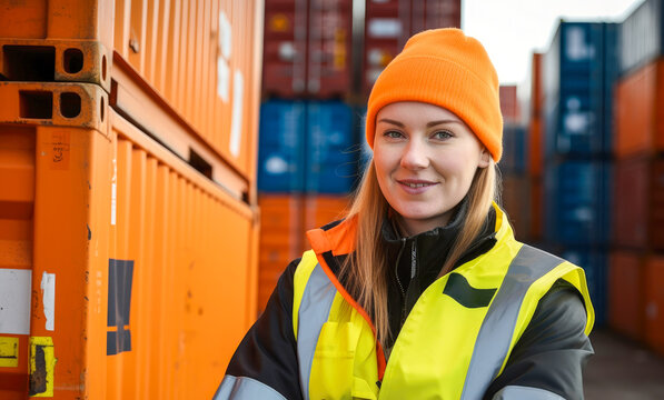 Female logistics coordinator managing harbor operations, surrounded by shipping containers, Generative AI