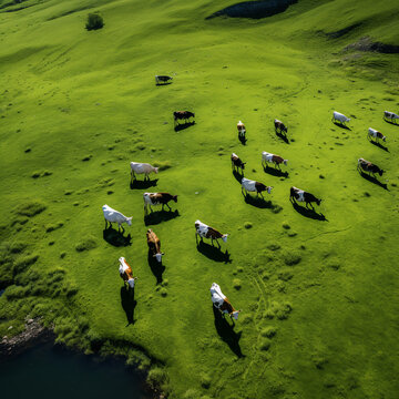 Top view of cows grazing on a green meadow. AI generated
