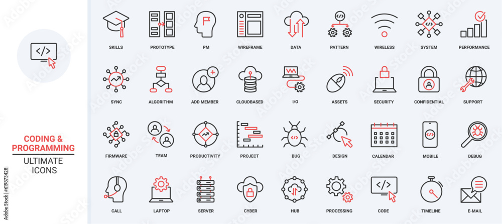Leinwandbilder Support for computer software, program code trendy red black thin line icons set vector illustration. Maintenance cloud service, data export, modify synchronisation with server, antivirus programming.
