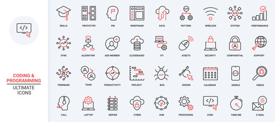 Support for computer software, program code trendy red black thin line icons set vector illustration. Maintenance cloud service, data export, modify synchronisation with server, antivirus programming. - Powered by Adobe