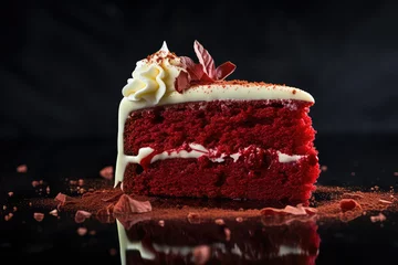Fotobehang Triangular piece of red velvet cake with white vanilla cream filling isolated on black background. Slice of layered delicious classic cake. Generative AI photo. © dinastya
