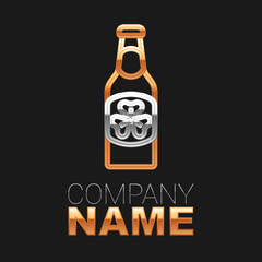 Line Beer bottle with clover trefoil leaf icon isolated on black background. Happy Saint Patricks day. National Irish holiday. Colorful outline concept. Vector