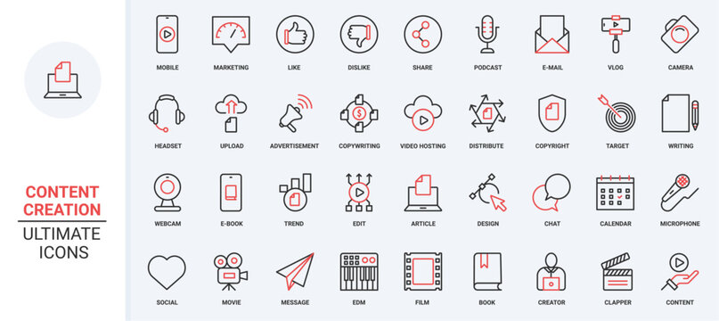 Content creation trendy red black thin line icons set vector illustration. Digital marketing, storytelling in social media, online patent for author and original text protection, creative blog design.