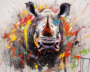 rhino  form and spirit through an abstract lens. dynamic and expressive rhino print by using bold brushstrokes, splatters, and drips of paint.  rhino raw power and untamed energy  