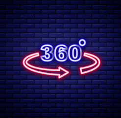 Glowing neon line 360 degree view icon isolated on brick wall background. Virtual reality. Angle 360 degree camera. Panorama photo. Colorful outline concept. Vector
