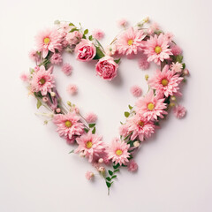 Heart of pink flowers on white background. Flat lay, top view, wedding Concept