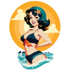 Wall murals Draw Girl Pin Up Summer Beauty Beach Life Retro Pop Art Model Vector illustration isolated on white